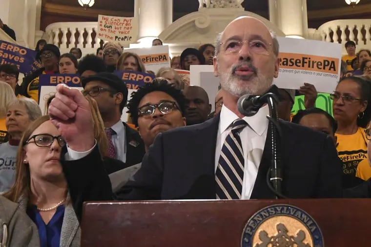 Gov. Tom Wolf speaks at a rally in the Pennsylvania Capitol's rotunda calling for lawmakers to take action on anti-gun violence legislation on Tuesday, Jan. 29, 2019 in Harrisburg, Pa. (AP Photo/Marc Levy)