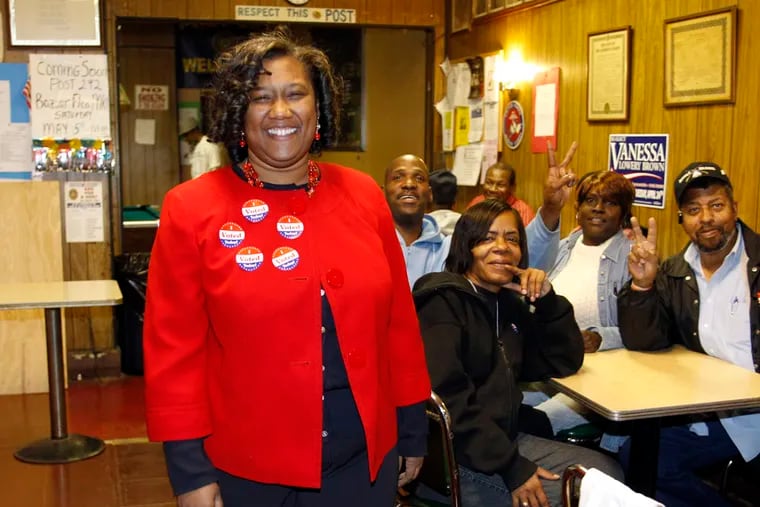 State Representative of the 190th District, Vanessa Lowery Brown (left) meets with supporters during her re-election campaign at the VFW Hall in West Philadelphia on Tuesday, April 24, 2012.