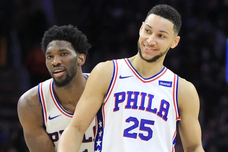 Sixers’ stars Joel Embiid (left) and Ben Simmons will feature heavily in ESPN’s plans to offer blanket coverage of the team ahead of Friday night’s game against the Thunder.