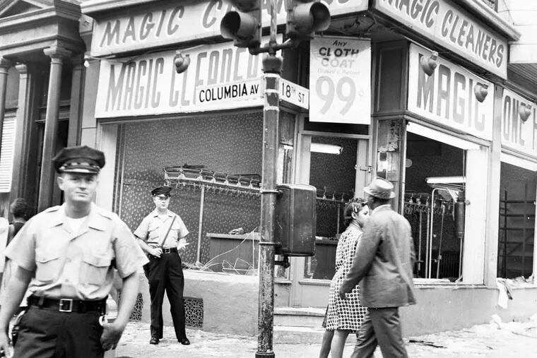 Only empty clothing racks remain at a looted cleaning establishment on the southeast corner of 18th and Columbia Ave. on August 28, 1964
Photo credit: Temple University Libraries / Philadelphia Evening Bulletin