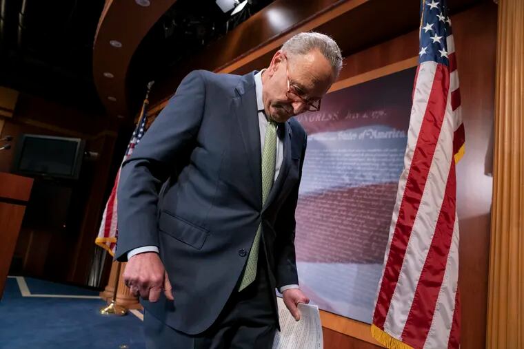 Senate Minority Leader Chuck Schumer (D., N.Y.) finishes meeting with reporters just after the Senate passed a $19 billion disaster aid bill to help a number of states and Puerto Rico recover after a series of hurricanes, floods and wildfires, at the Capitol in Washington, Thursday, May 23, 2019.
