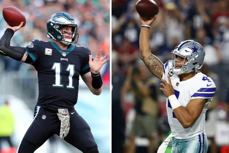 Eagles quarterback Carson Wentz (left) and Dallas Cowboys quarterback Dak Prescott will take the same field for the second time in their young careers this Sunday.