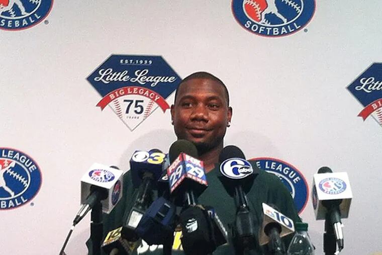 Phillies first baseman Ryan Howard addresses the media while in Williamsport to cheer on the Taney Dragons in the Little League World Series. (Photo via Twitter: @FarrFarrAway)