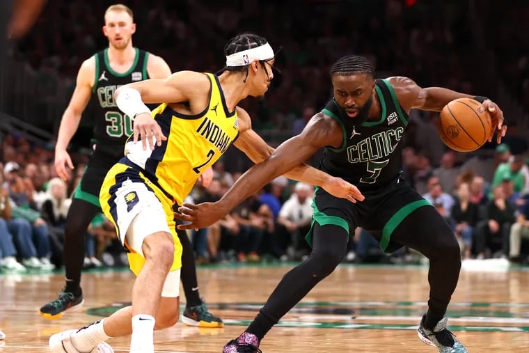 Jaylen Brown #7 of the Boston Celtics drives past Andrew Nembhard #2 of the Indiana Pacers during the fourth quarter in Game Two of the Eastern Conference Finals at TD Garden on May 23, 2024 in Boston, Massachusetts. (Photo by Maddie Meyer/Getty Images)
