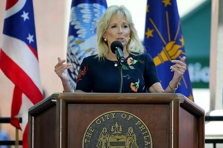 First lady Jill Biden speaks during the Celebration of Freedom Ceremony at Independence Hall in Philadelphia Sunday morning.
