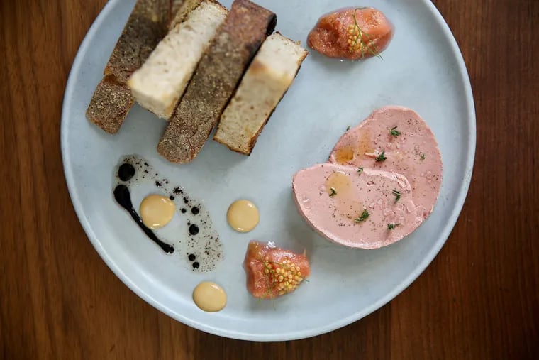 Whipped pink liver mousse with rhubarb-apple preserves and sweet dots of caramelized foie gras sauce at Friday Saturday Sunday.