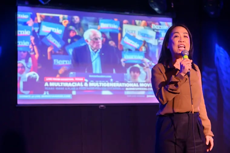 In this 2020 file photo, Helen Gym, then a City Councilmember, speaks during a Bernie Sanders supporters Democratic debate watch party at Underground Arts in the Callowhill neighborhood of Philadelphia. This week, he endorsed her run for mayor.