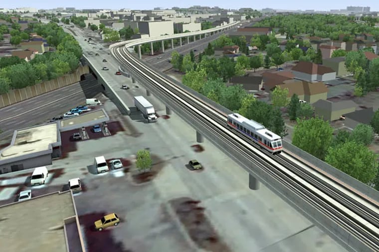 Two of the proposed trunks would follow the Pennsylvania Turnpike for part of the trip. This rendering shows the "Route 202" trunk, which briefly follows the Turnpike south, away from the mall, before turning onto DeKalb Pike. (Courtesy of SEPTA)
