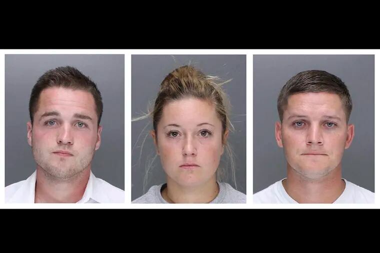 In this undated combination of images provided by the Philadelphia Police Department, Philip R. Williams, left, Kathryn G. Knott and Kevin J. Harrigan are shown. The three suburban Philadelphia defendants are being charged in the beating of a gay couple during a late-night encounter on a city street. (AP Photo/Philadelphia Police Department)