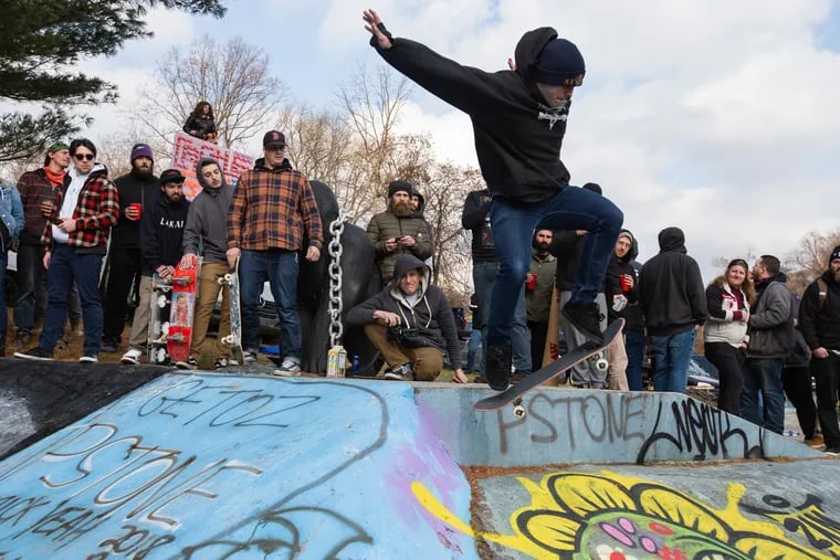 Skater attempts trick at Bam Margera's property in West Chester.