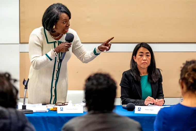 Mayoral candidates Cherelle Parker, (left) and Helen Gym (right) appear at a forum on education at the central branch of the Free Library Tuesday sponsored by Philadelphia’s school board.