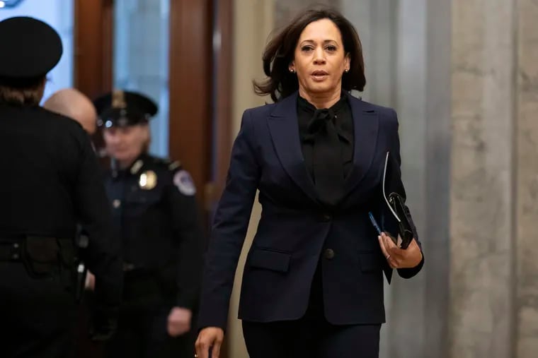 Sen. Kamala Harris, D-Calif., arrives on Capitol Hill in Washington, Friday, Jan. 31, 2020, for the impeachment trial of President Donald Trump on charges of abuse of power and obstruction of Congress.