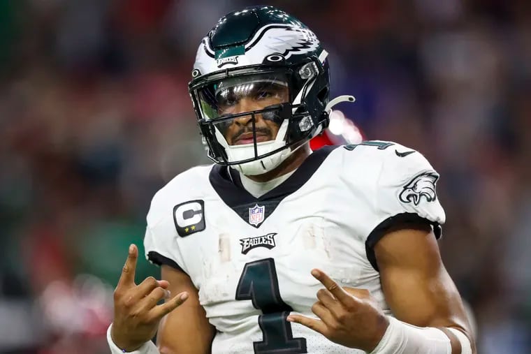 Eagles quarterback Jalen Hurts reacts after making a two-point conversion during the fourth quarter against the Texans in November.