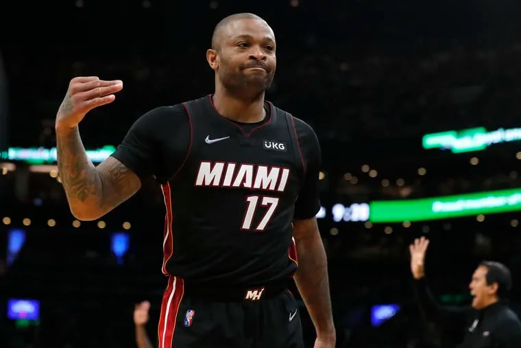 Miami Heat's P.J. Tucker reacts after making a three-pointer against the Boston Celtics during the first half of Game 3 of the Eastern Conference Finals on May 21, 2022,.