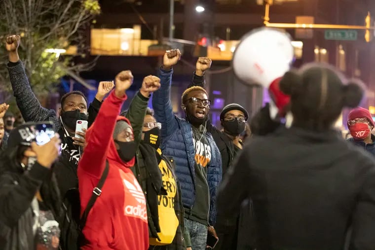 Protesters gather on Nov. 4, 2020, at Independence Mall near where President George Washington’s slaves lived. The action was sparked by the fatal shooting of Walter Wallace, Jr. by police the previous week. Police body-cam footage was released Wednesday, Nov. 4.