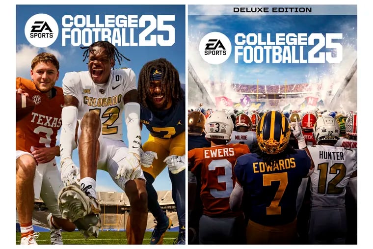 The video game covers for the new standard edition College Football 25, left, and Deluxe Edition College Football 25, featuring Texas' Quinn Ewers, Colorado's Travis Hunter, and Michigan's Donovan Edwards.