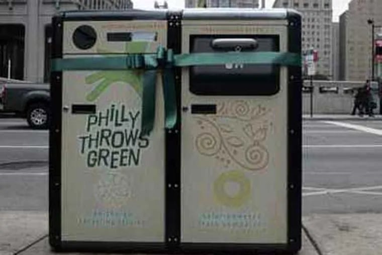 The BigBelly solar trash bin as introduced in the city in 2009. But the city's controller says they are a waste of money. ( Bonnie Weller / Staff Photographer)