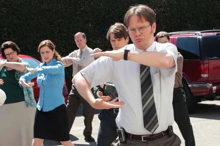 This undated publicity photo released by NBC shows, from left, Phyllis Smith as Phyllis Vance, Jenna Fischer as Pam Beesly Halpert, Jake Lacy as Pete, Rainn Wilson as Dwight Schrute and Ellie Kemper as Erin Hannon in the "Finale" episode for "The Office," Season 9, on NBC. (AP Photo/NBC, Chris Haston)