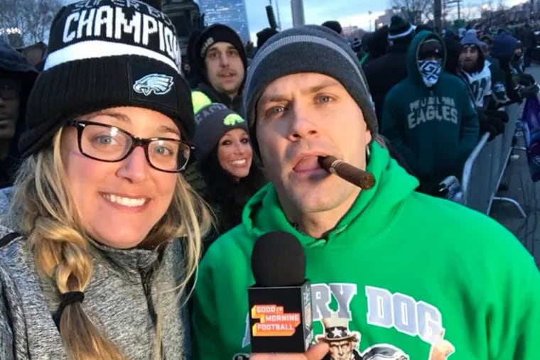 NFL Network host Kyle Brandt covering the Eagles Super Bowl parade in February. "I think I blacked out for around 9 hours… I only vaguely remember a cigar," Brandt said."