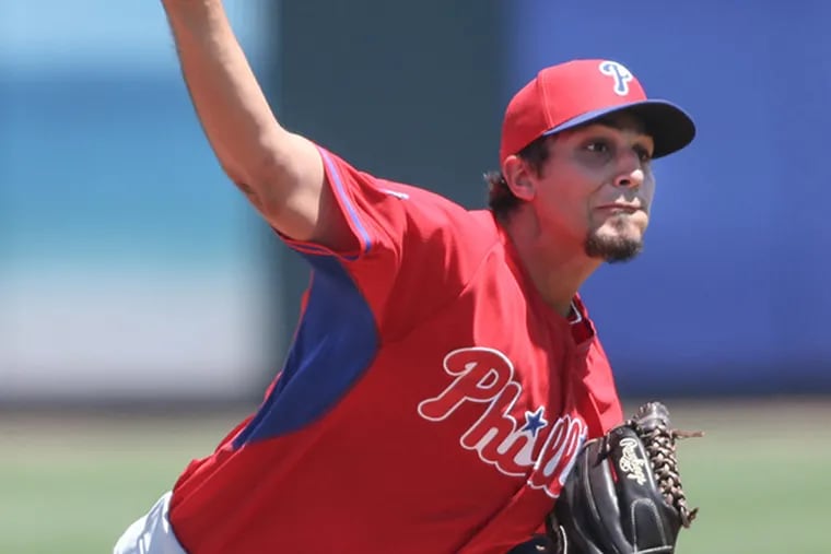 Phillies' pitcher Zack Eflin throws against the Pirates  during the 3rd inning at McKechnie Field in Bradenton Florida, Monday, March 30, 2015.  Phillies get beat by the Pirates 18-4. (Steven M. Falk/Staff Photographer)