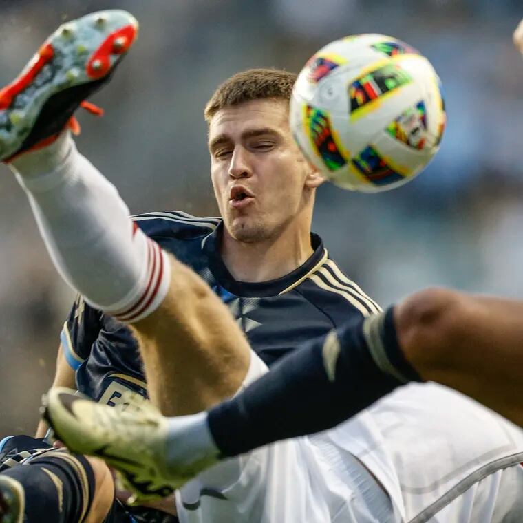 Union Mikael Uhre and Toronto FC Sigurd Rosted try for the ball during the first half in the MLS match at Subaru Park in Chester, Wednesday, May 29, 2024.