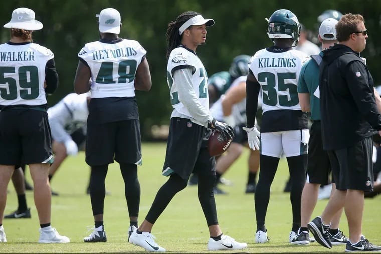 Eagles cornerback Sidney Jones (22) is pictured during the team's final day of organized team activities at the NovaCare Complex in South Philadelphia on Thursday, June 7, 2018. TIM TAI / Staff Photographer