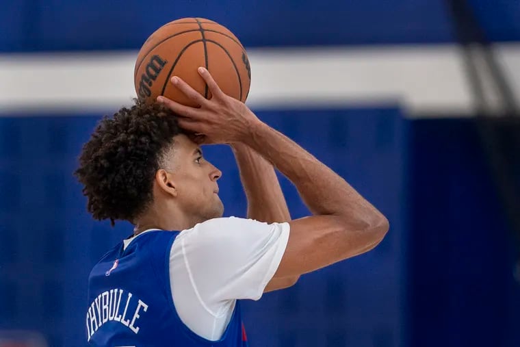 Matisse Thybulle shoots during the Sixers' first training-camp practice last month in Camden.