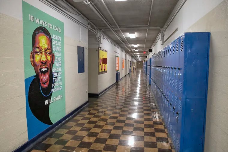 A mural of Will Smith is photographed in the hallway of Lamberton Elementary School in the Overbrook section of Philadelphia.