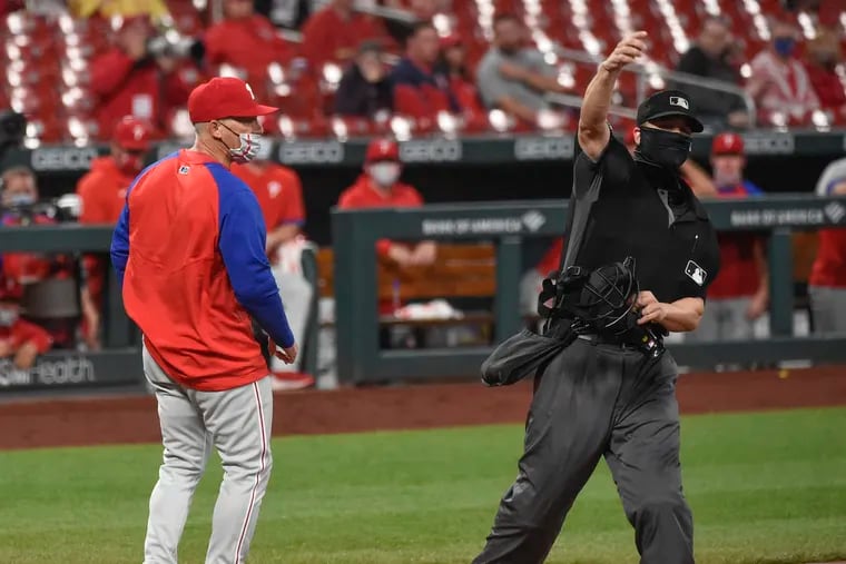 Phillies manager Joe Girardi is ejected by umpire Chris Segal during the sixth inning Wednesday night.