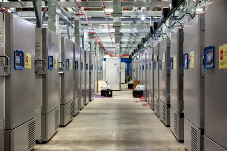 Part of a "freezer farm," a football field-sized facility for storing finished COVID-19 vaccines at negative 70 degrees Celsius, in Kalamazoo, Mich.