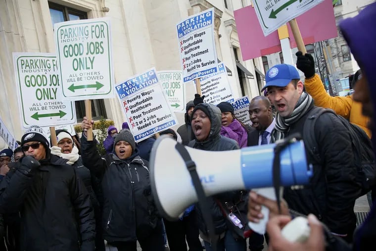 Low-wage parking lot workers hoping to unionize with 32BJ SEIU protest in February 2019. The majority of Philadelphia's job growth in the last 10 years has been in the low-wage sector, a new report found.