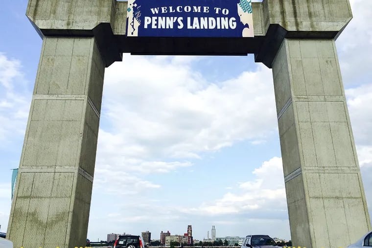 The mysterious, four-story, concrete megalith at Penn's Landing is a relic of a proposal to build an elevated tram connecting a huge entertainment complex with a similarly ambitious attraction on the Camden waterfront. It was not to be. (Inga Saffron/Staff)