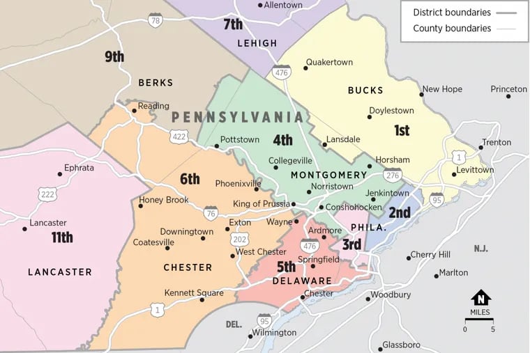 The new congressional districts in southeastern Pennsylvania under the map imposed Monday by the Pennsylvania Supreme Court.