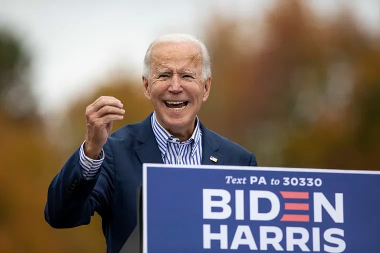 Democratic presidential nominee Joe Biden during a drive-in rally Saturday at Bucks County Community College in Bristol, Pa.