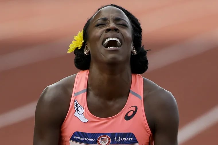 Alysia Montano reacts after falling during the women's 800-meter final at the U.S. Olympic Track and Field Trials.