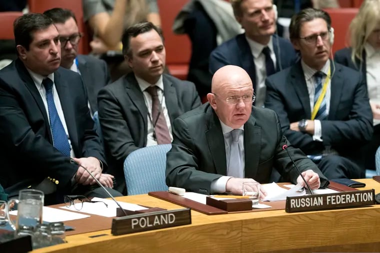Russian Ambassador to the United Nations Vassily Nebenzia speaks during a Security Council meeting on Iran's compliance with the 2015 nuclear agreement, Wednesday, Dec. 12, 2018, at United Nations headquarters. (AP Photo/Mary Altaffer)