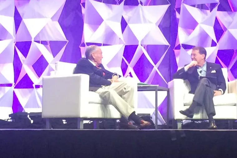 Ted Aronson (right) and John Bogle, founder of Vanguard Group, share the stage at the CFA (Chartered Financial Analysts) Institute annual meeting in Philadelphia in 2017. Aronson says Bogle's index funds helped force him and other stock-pickers out of business (Credit: Erin Arvedlund)