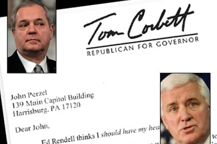 State Rep. John Perzel, left, received a letter asking for a donation to the gubernatorial campaign of state Attorney General Tom Corbett, right.