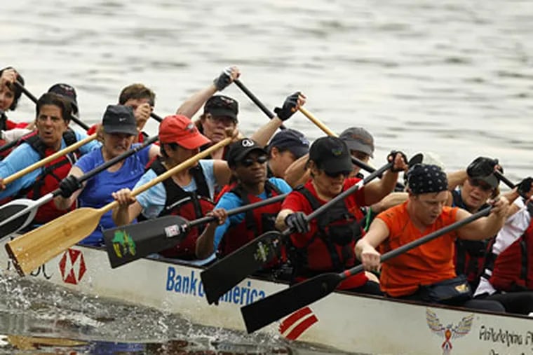 The Philadelphia Flying Phoenix team practices on the Schuylkill for the dragon boat races. (RON CORTES / Staff Photographer)