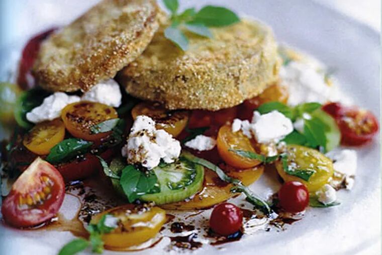 Fried Green Tomato and Red Tomato Salad With Goat Cheese and Basil Vinaigrette. (From "Fresh Every Day")