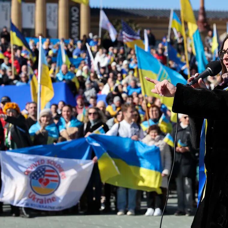 Iryna Mazur, Ukraine's honorary consul to Philadelphia, thanks the crowd at a rally on Sunday on the Philadelphia Art Museum steps. Mazur and other speakers called for continued American support for Ukraine's effort to repel Russian invaders.