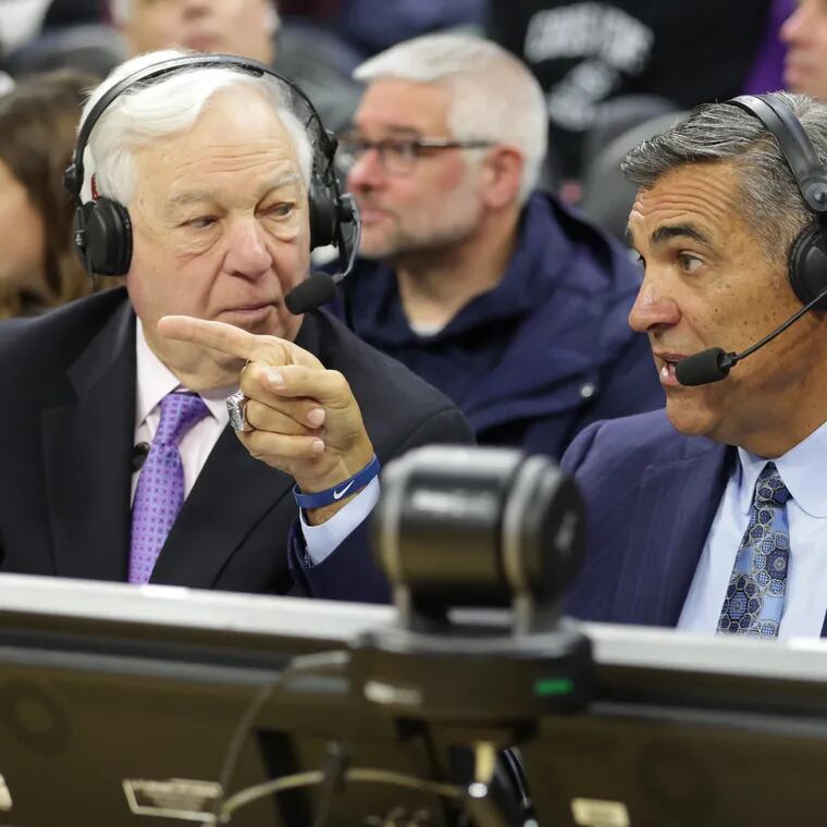 Bill Raftery (left) with former Villanova coach Jay Wright when Wright made his broadcast debut with the Villanova-Oklahoma game on Dec. 3, 2022, at the Wells Fargo Center.