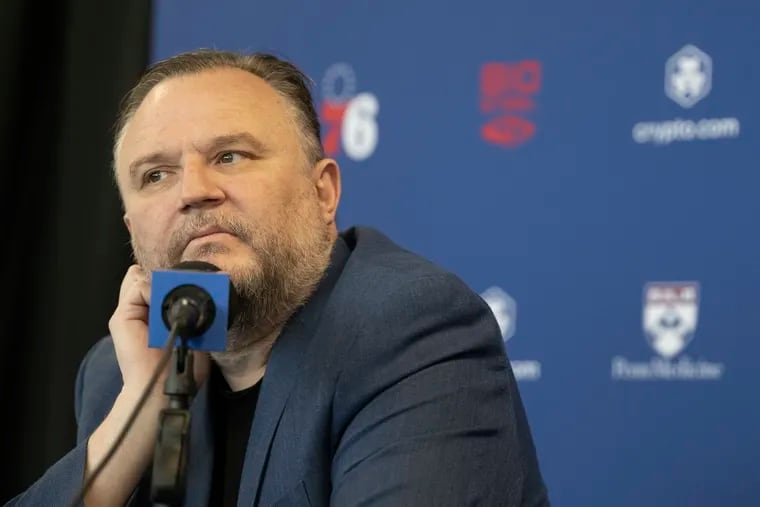 Sixers president Daryl Morey take questions from reporters on Wednesday.