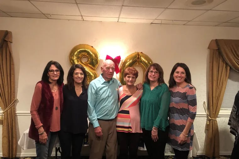 Jim and Marge with their daughters at another family member's 80th birthday party. From left to right: MaryBeth, Colleen, Jim, Marge, Kristin and Karen