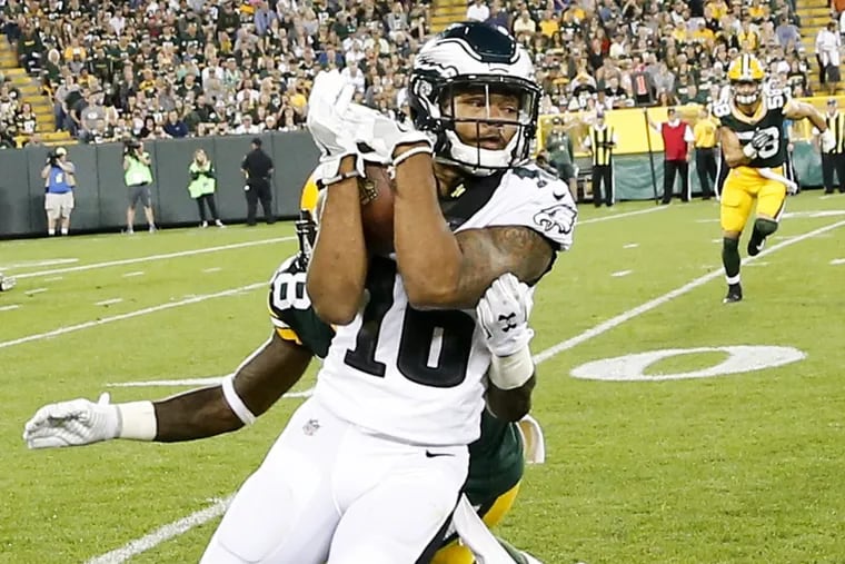 Eagles’ wide receiver Bryce Treggs catches the football against the Green Bay Packers during a preseason game at Lambeau Field.