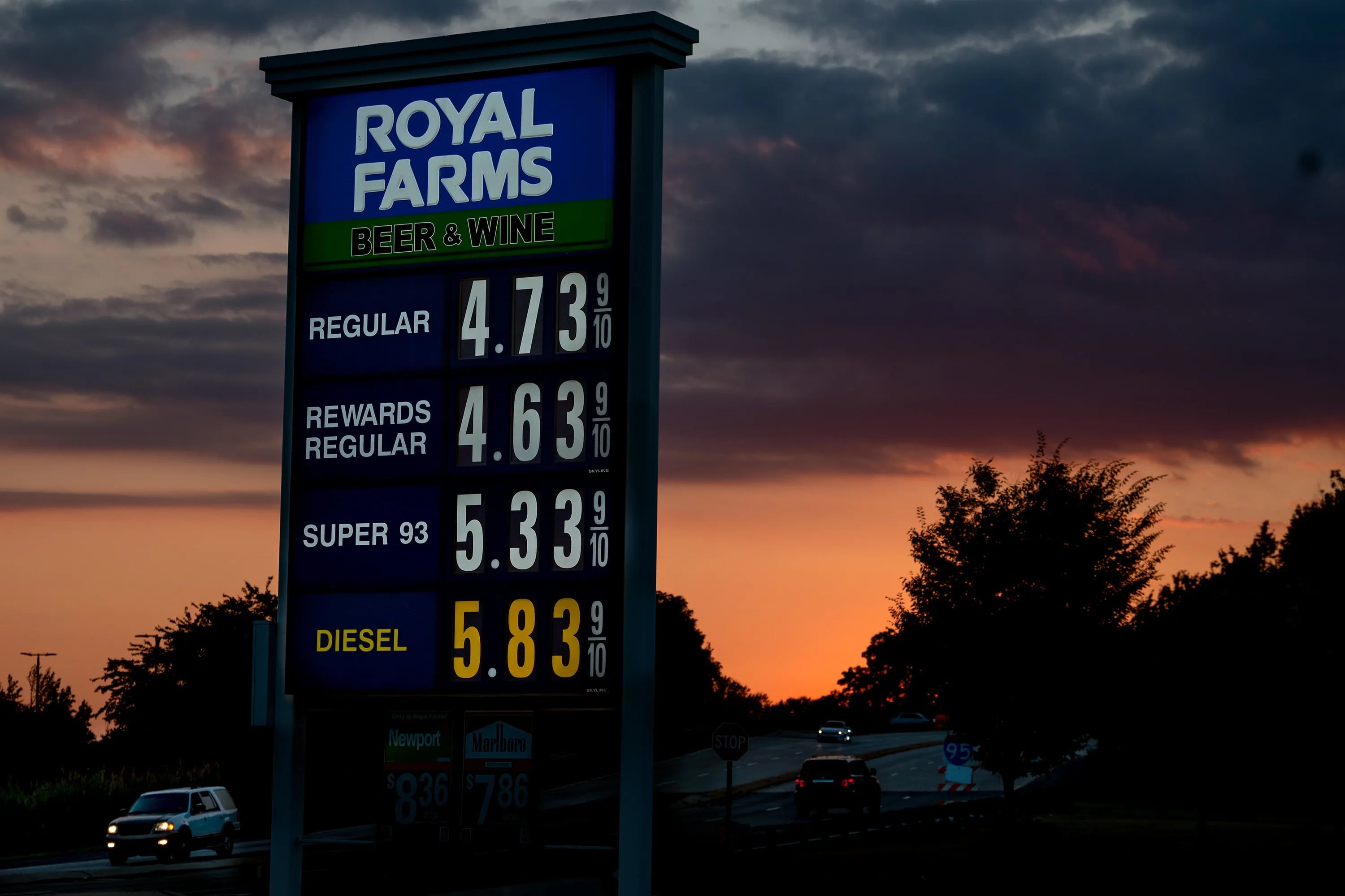 The Royal Farms on Stewart Ave, just off I-95 in Ridley Park, selling regular unleaded gas for $4.739 a gallon on July 10, 2022.