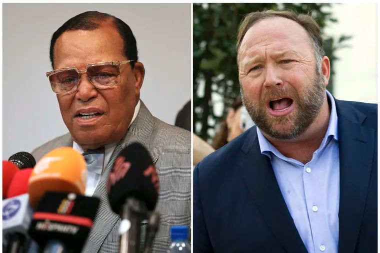 This combination of file photos shows minister Louis Farrakhan, left, the leader of the Nation of Islam, in Tehran, Iran, on Nov. 8, 2018, and conspiracy theorist Alex Jones in Washington on Sept. 5, 2018, right.