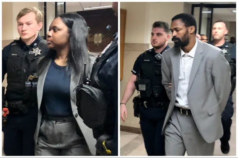 Julie Jean (left) and Zakkee Alhakim are escorted out of a courtroom in the Montgomery County Courthouse on Thursday after testimony concluded in their trial on murder charges.
