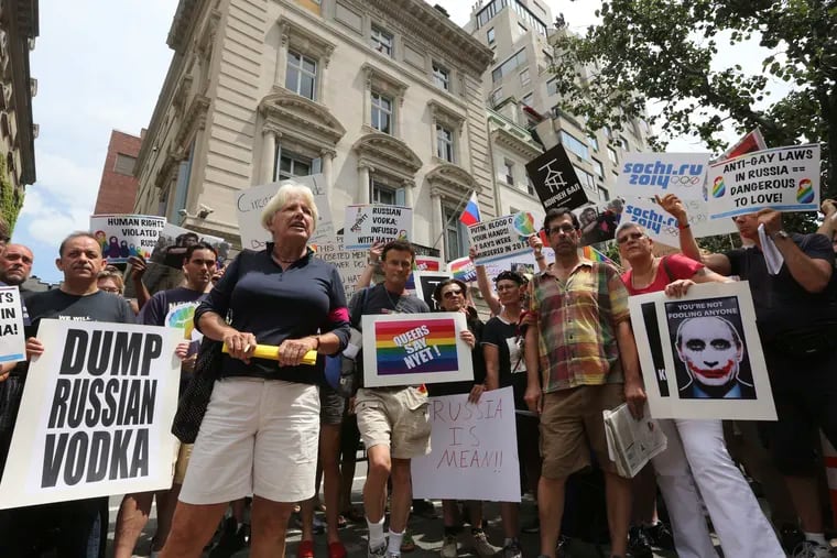 Gay rights activist Ann Northrop, a member of Queer Nation, participating in a demonstration in front of the Russian consulate in New York on July 31, 2013. Russia was protested for its campaign against gay-rights activism.
