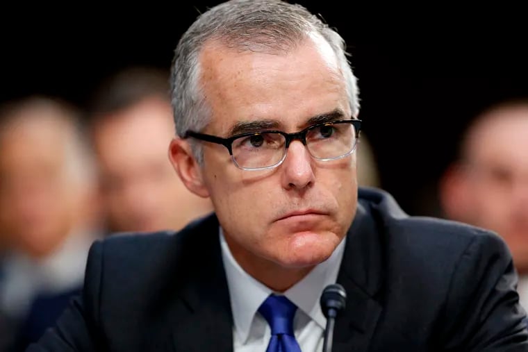 FILE - In this June 7, 2017, file photo, then-FBI acting director Andrew McCabe listens during a Senate Intelligence Committee hearing about the Foreign Intelligence Surveillance Act, on Capitol Hill in Washington.